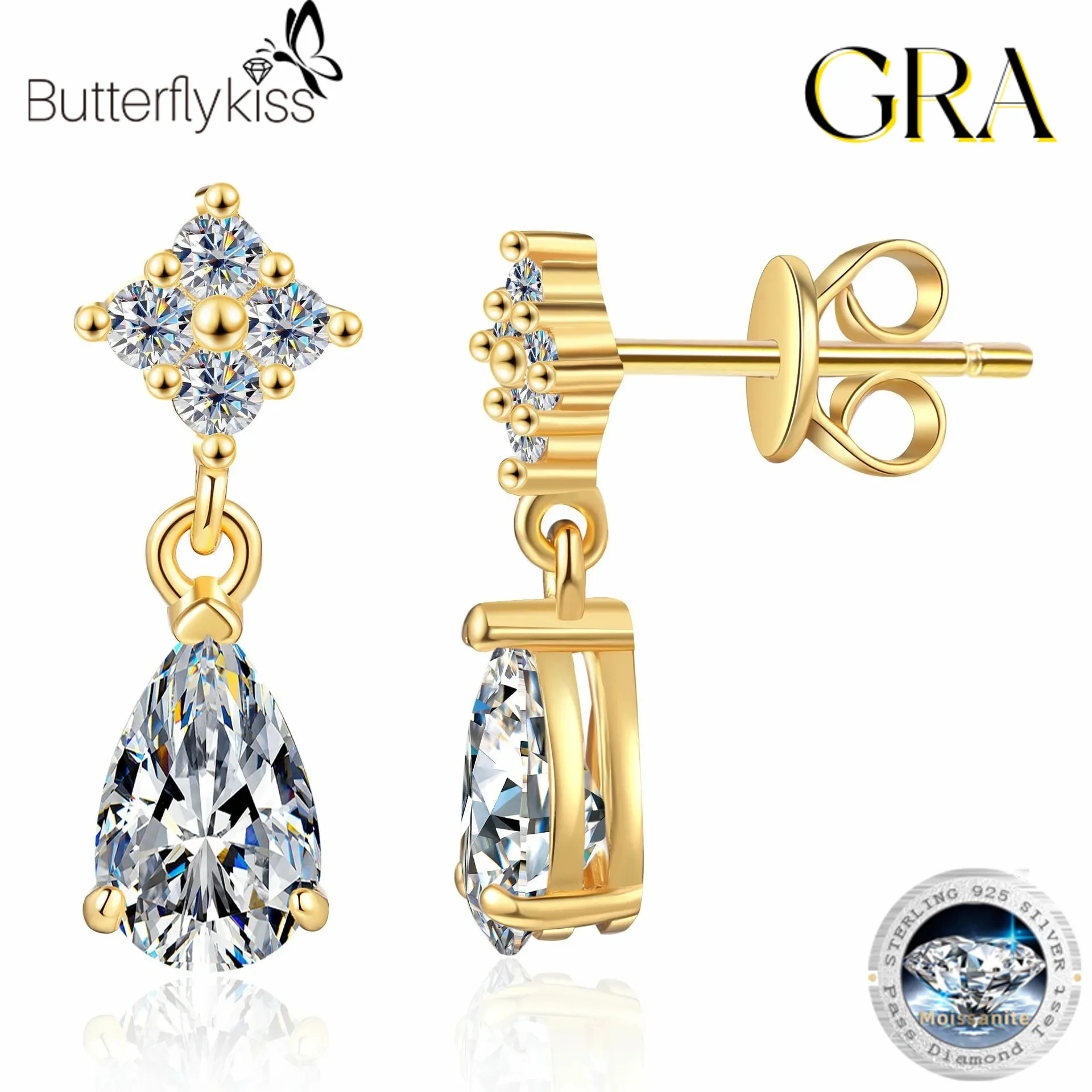 

Butterflykiss 1CT Pear Cut Moissanite Drop Earrings 18K Gold Plated Sterling Silver Earrings For Women Luxury Wedding Jewelry