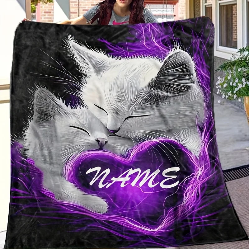 1pc custom white cat patterned air conditioning blanket with purple peach heart personalized name cover blanket for ladies and b
