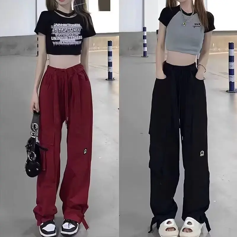 여성용 하이웨이스트 한국 스타일 작업복 바지 2025년 신상 루즈핏 슬림 패션 캐주얼 스포티 와이드 레그 팬츠 (가을/겨울)