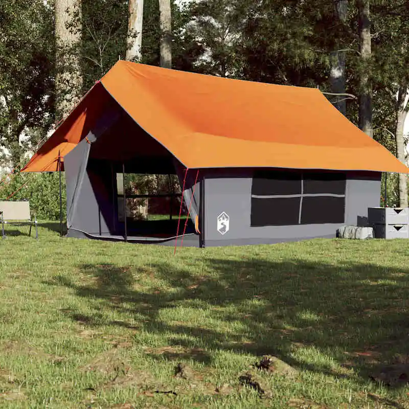 Campingzelt für 5 Personen, grau und orange, wasserdicht, geeignet für Camping im Freien.