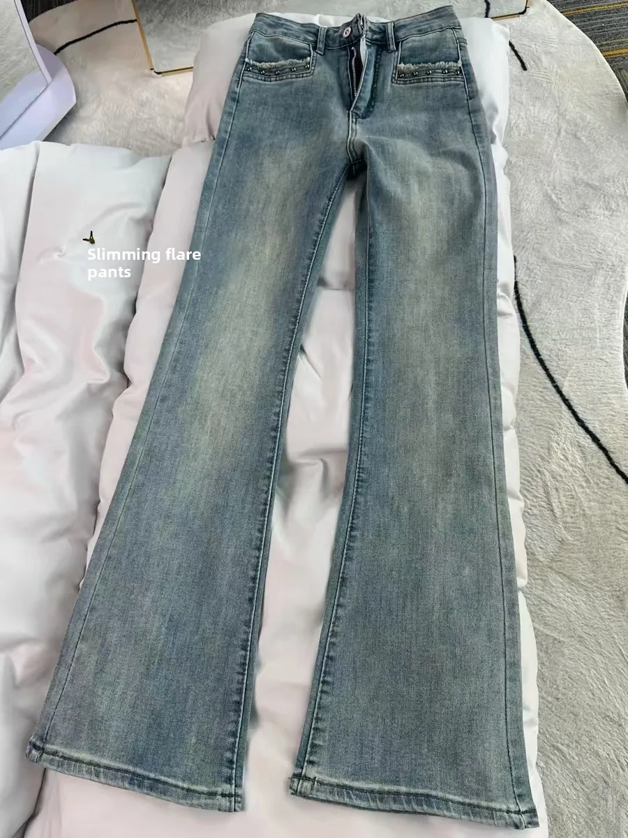 

Retro Blue Slim Fit Bell Bottom Jeans Women's Spring Summer Versatile Spicy High Waist Denim Pants Straight Leg Trousers