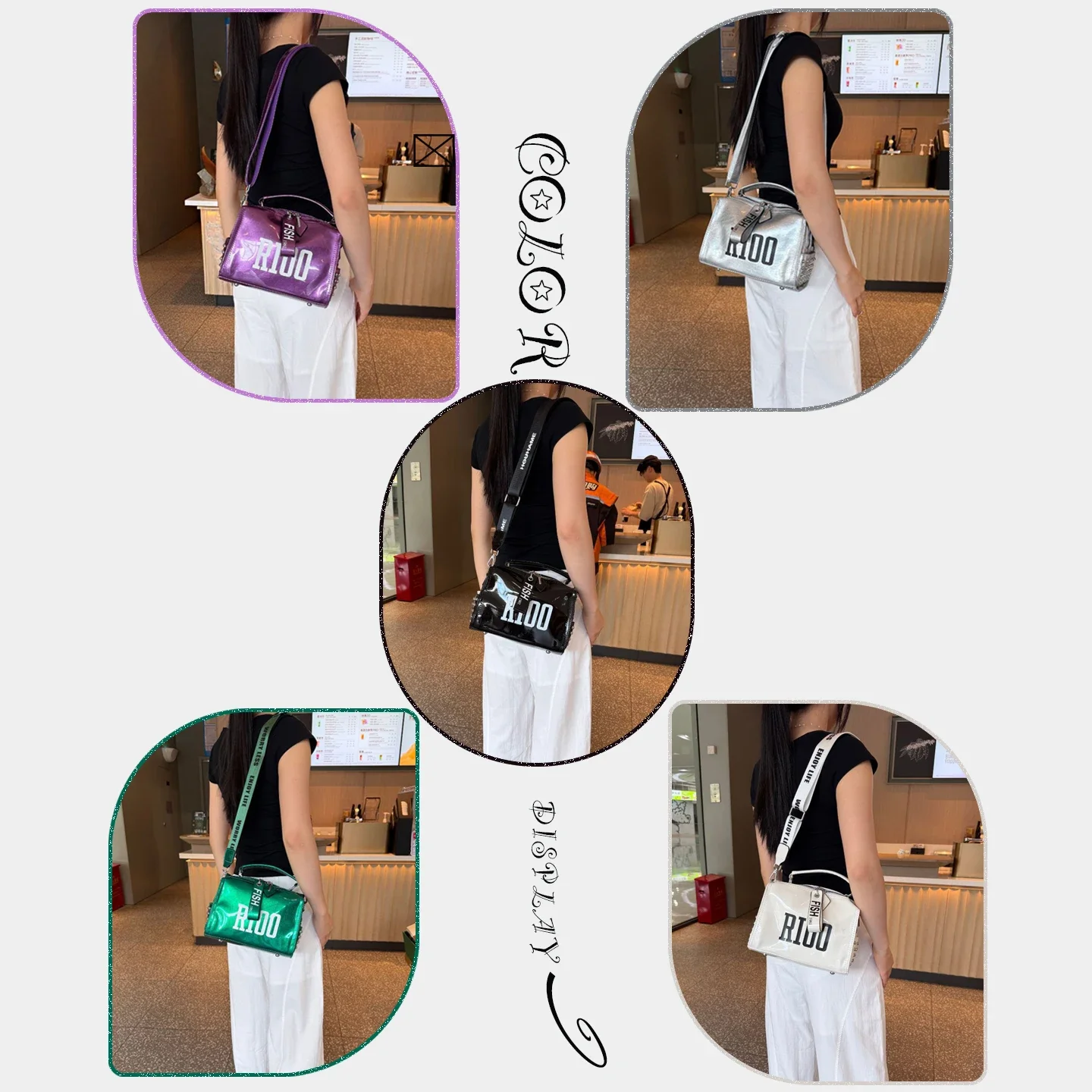 Women Letter Print Glossy PVC Jelly Pillow‑Shaped Multi‑way Handbag Water‑Resistant Crossbody Shoulder Bag Daily Casual Fashion
