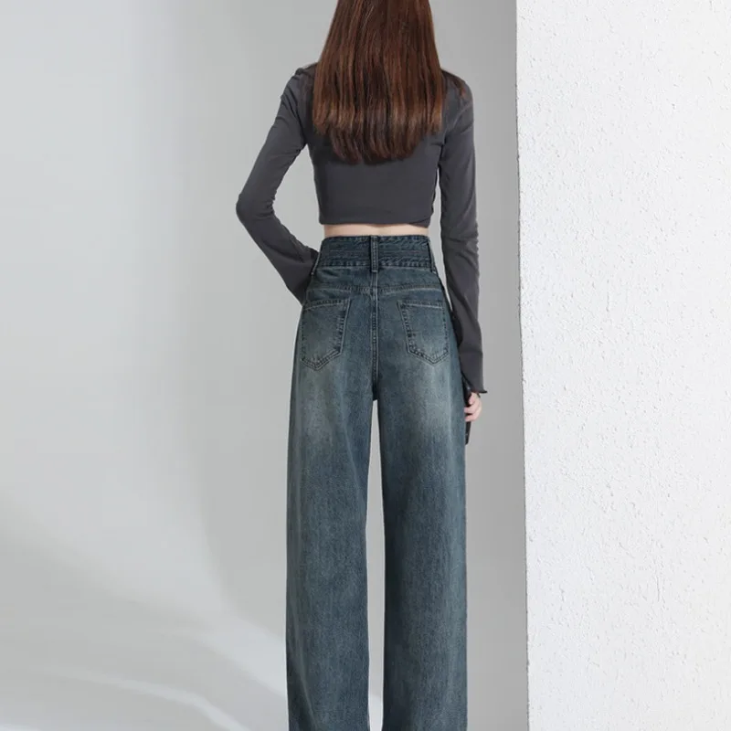 Pantalon à jambes larges taille haute pour femme, poches boutonnées, patchwork, mince, mode décontractée, élégant commpiedmont, automne et hiver 2023