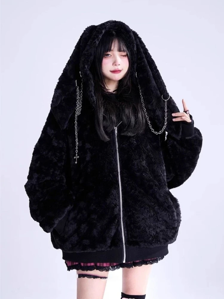 Japanese Kawaii Coat Long Sleeve Women Casual Solid Color Rabbit Ears Punk Harajuku Sweatshirt Sweet Zipper Hoodie Autumn Tops