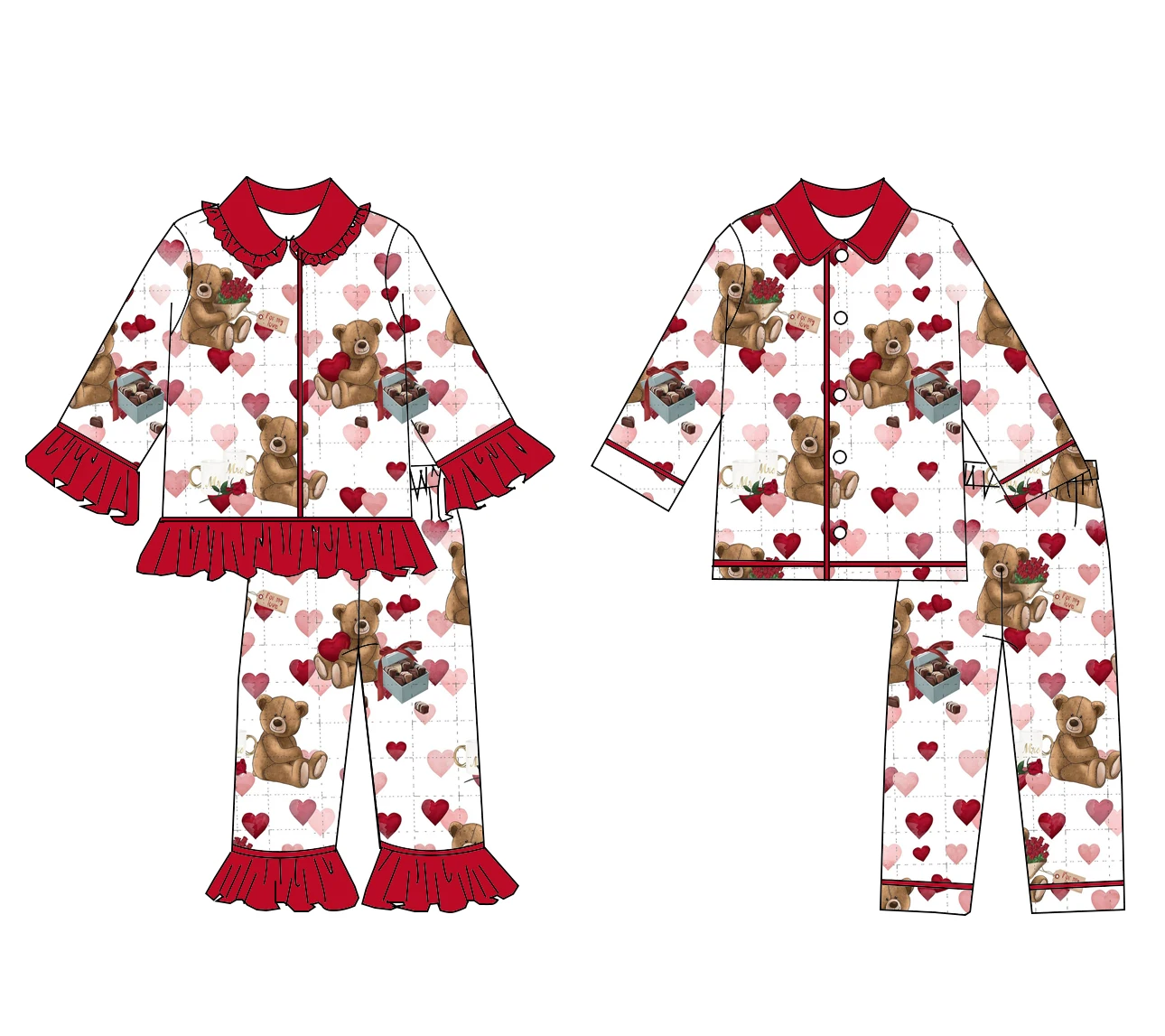 Großhandel Kinder Valentinstag Kleidung Lässiges Rüschen-Mädchen-Pyjama-Set Neues Bedrucktes Jungen-Schlafanzug-Set
