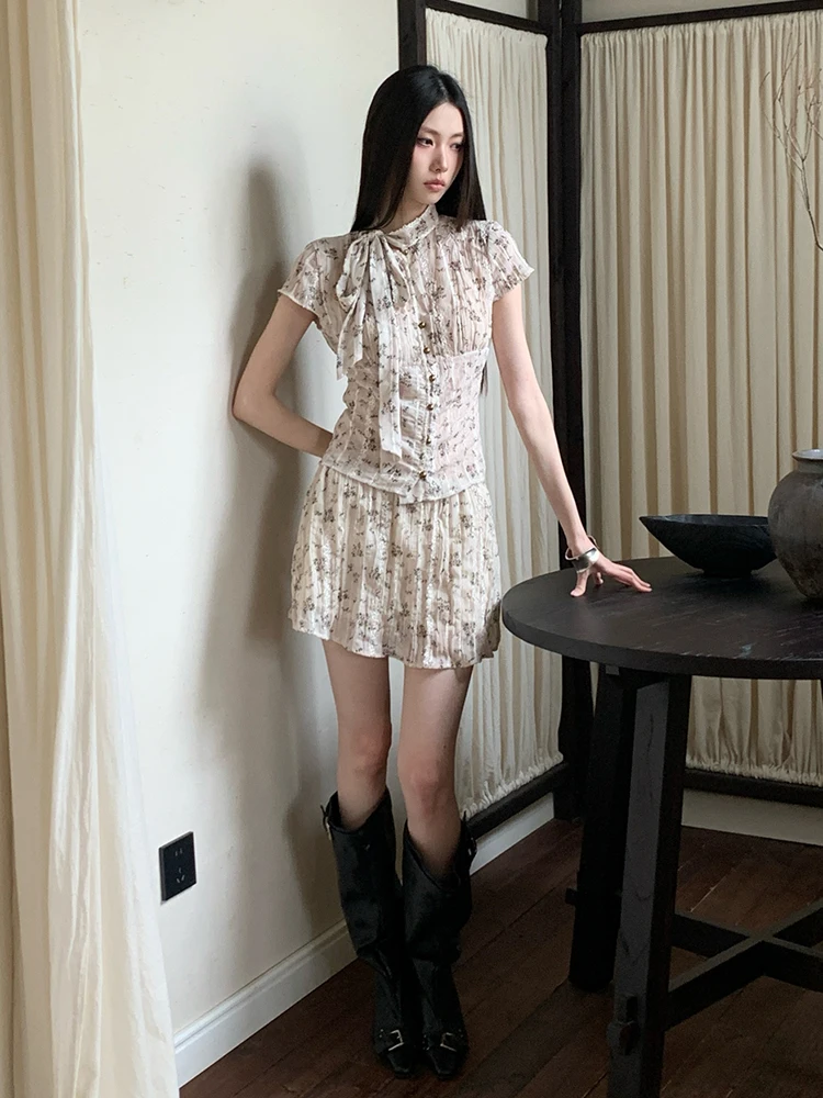 ReddaChic Floral Chiffon Blouse Skirt Set Ribbon Button Down Lace Edge Short Sleeve Shirt Mini Dress Vacation Women Clothing
