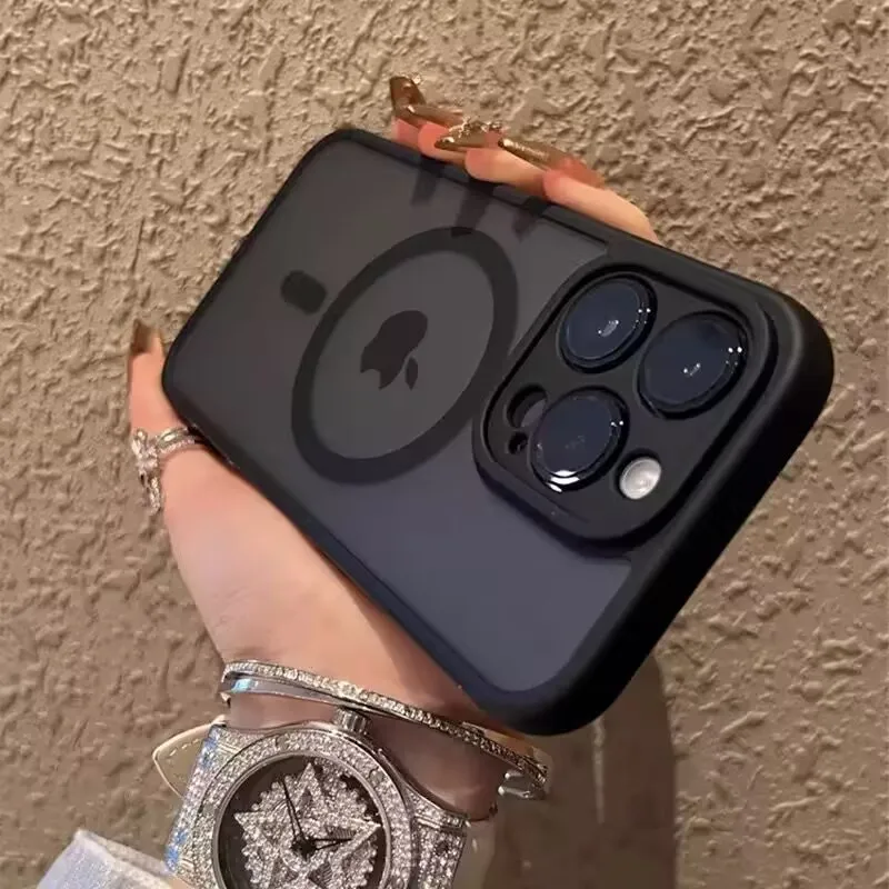 Luxuriöse Matte Hartschale für iPhone 16E 16 15 14 13 12 17 Pro Max Air, Kompatibel mit MagSafe Magnetischer Kabelloser Aufladung, Schwarze Abdeckung