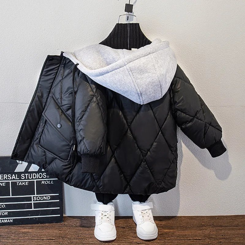 Thickened and Plush Boys Warm Down Cotton Jacket 2024 New Winter Children Clothing Hooded Boys Cotton Jacket Top