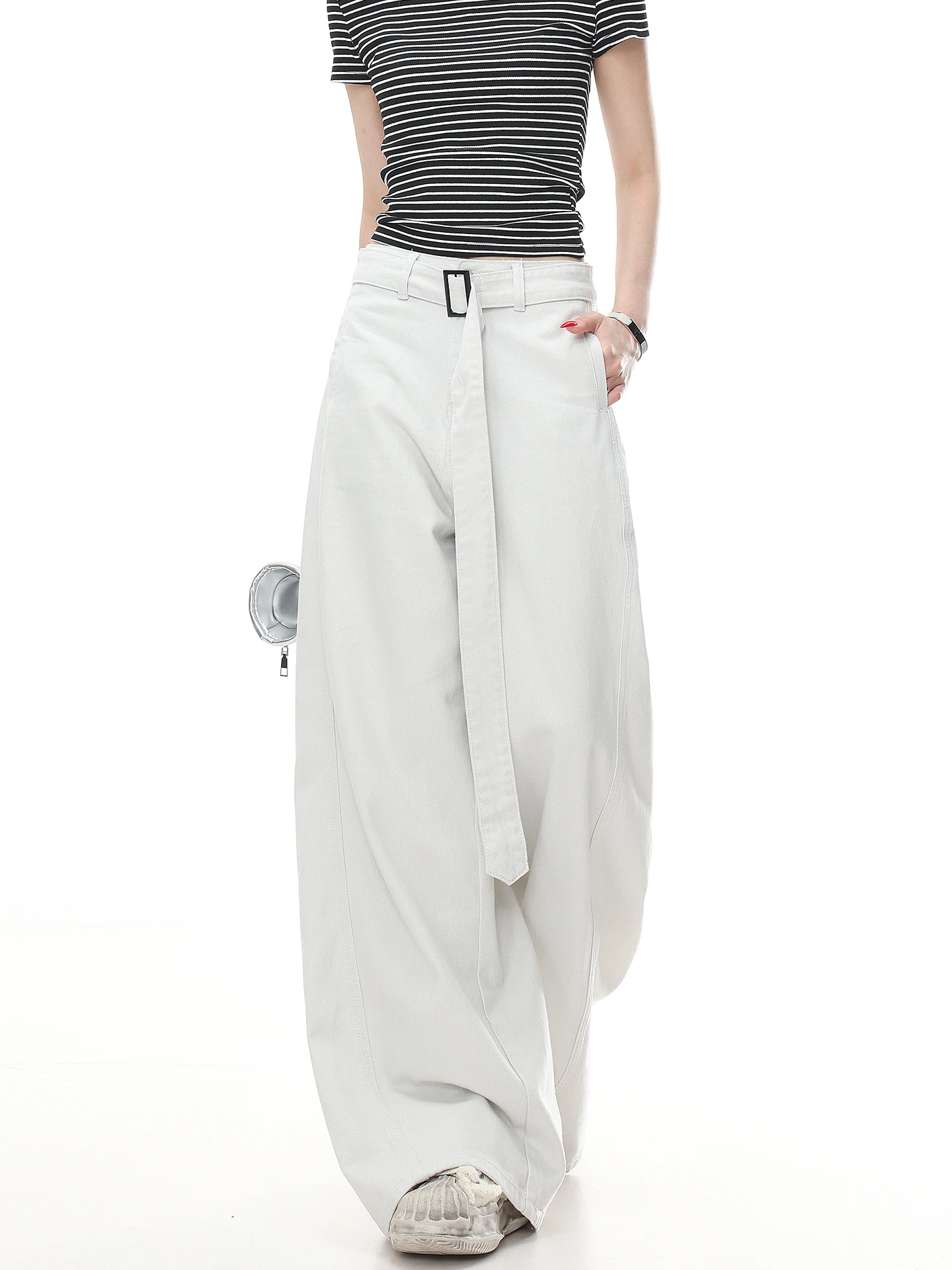 

Casual Wide Leg Denim Jeans Women's Belted Floor Length Pure Color Street Style Loose Fit All Season Natural Waist Zipper Pocket