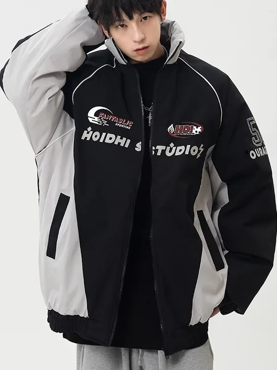 

American Sle Retro Hip Hop Men's Motorcycle Jaet Baseball Coat Loose Fit Couple's Faionable Outerwear Polyester