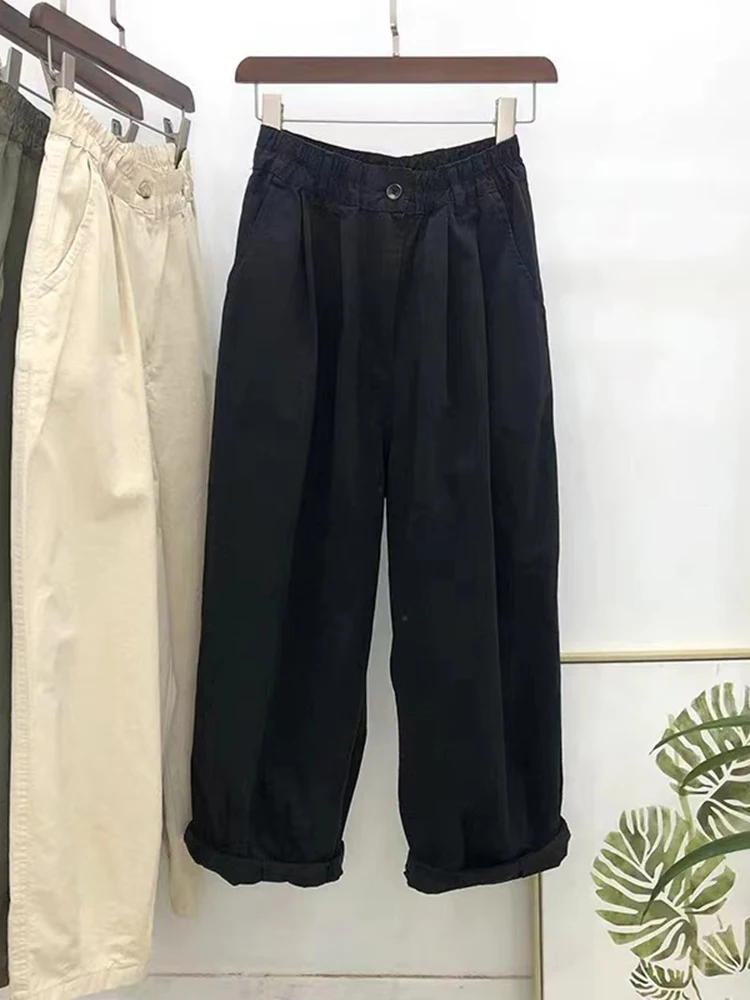 

Plus Size Loose Fit Wide Leg Pants High Waist Cotton Blend Thin Sle Casual Loose Color Blo Autumn Season Women's plus Size Tr...