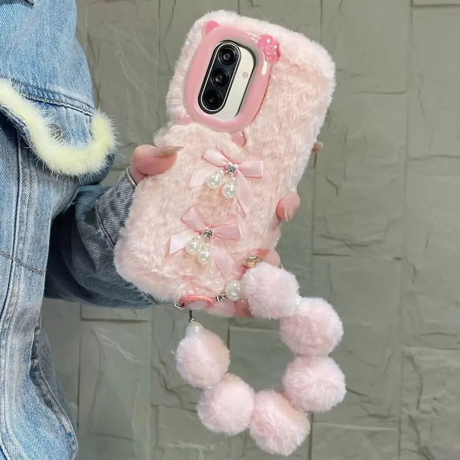 Cute Sweet Double Ribbon Bow Pearl Plush Phone Case for S26 Ultra Fuzzy Pom Pom Wrist Strap Cover for Samsung Galaxy S25 A57