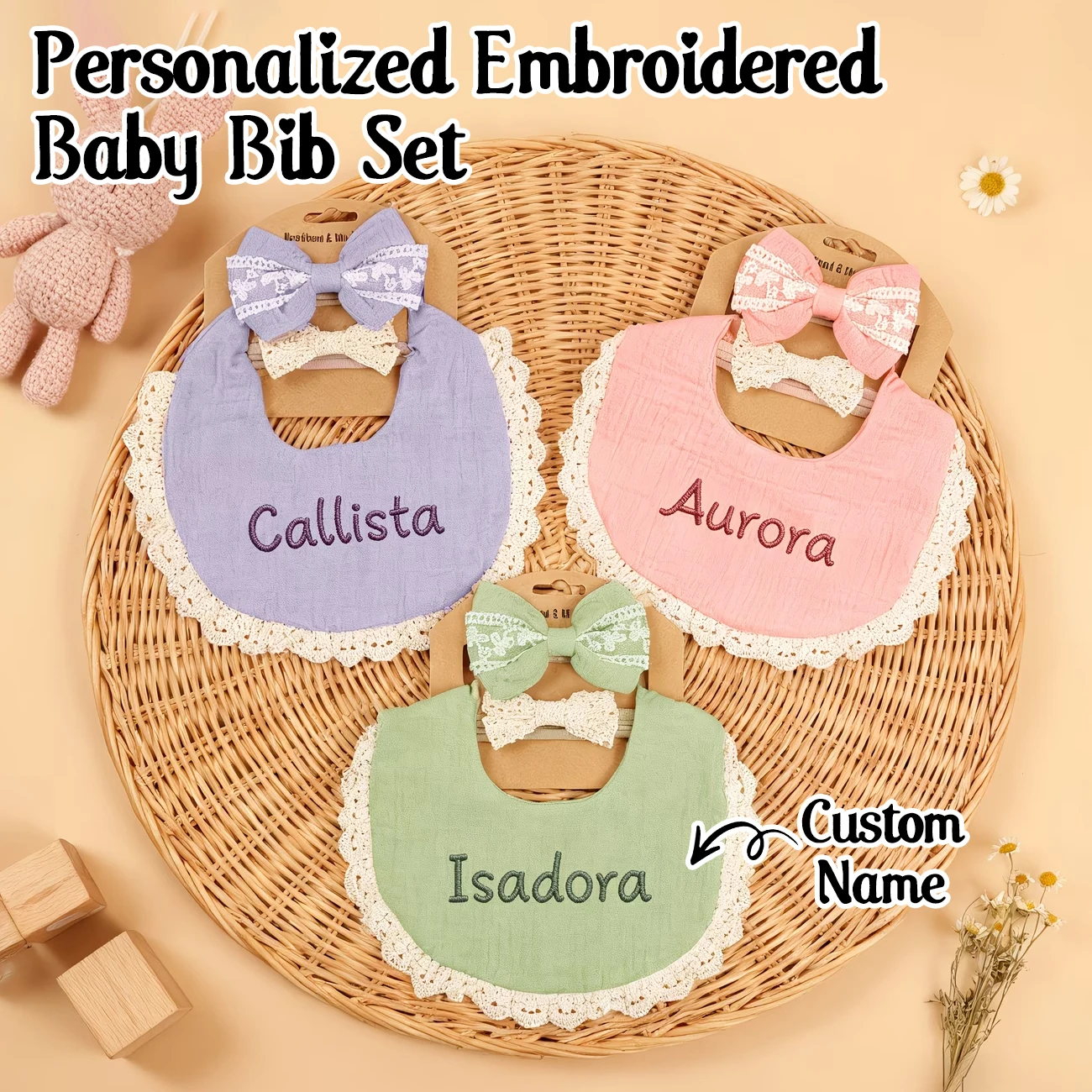1pc Personalized Embroidered Baby Girl Bib and Bow Set with Name, Muslin Lace Trim Bib, Newborn & Baby Shower & Birthday Gift