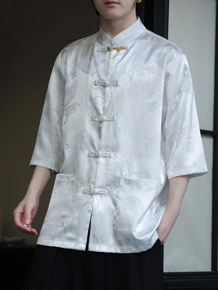 

Ice Silk Casual Shirt Thin Short Sleeve Stand Collar Button up Tang Suit Loose Fit Summer Cool Feeling Fashion Brand Men's Cl...