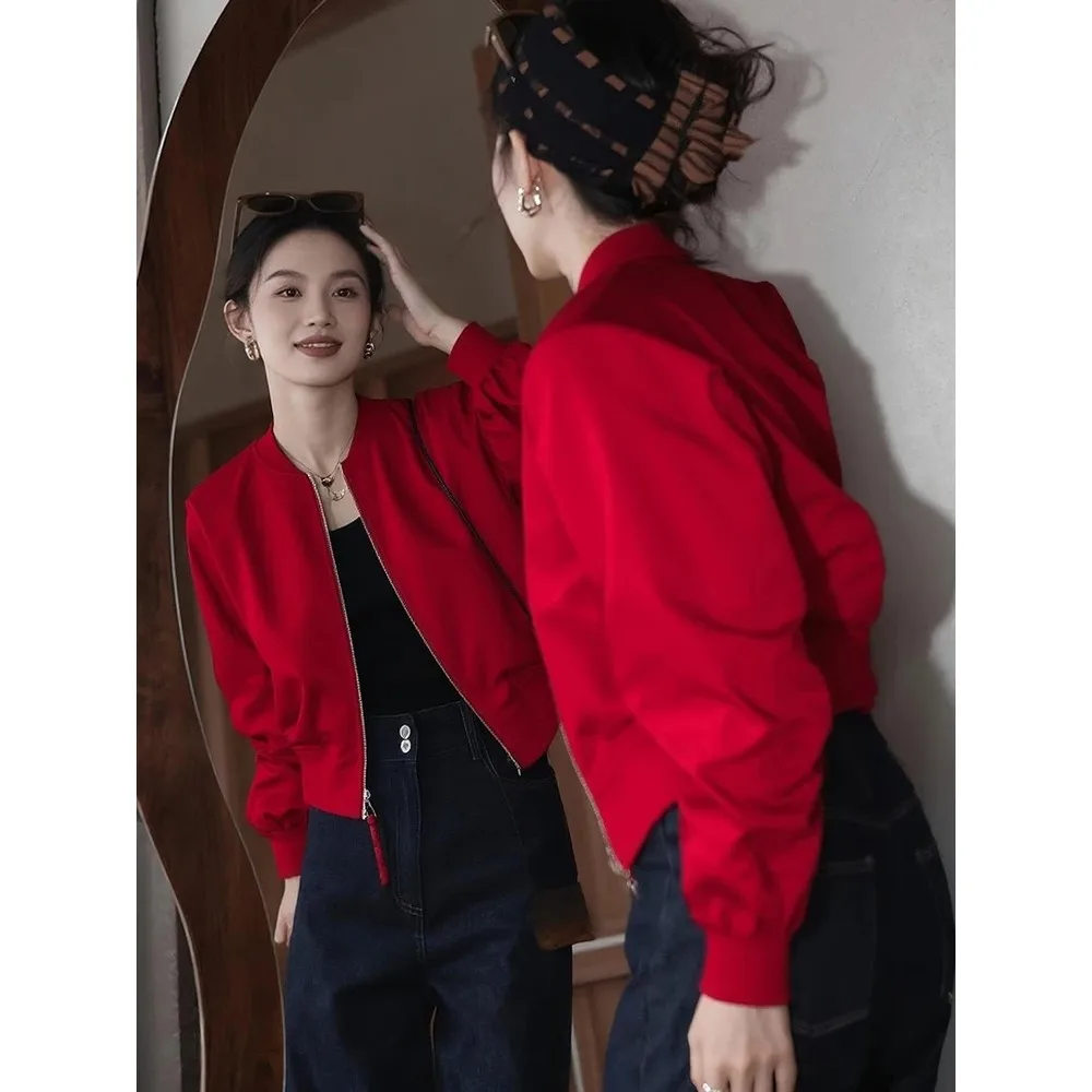 Red Quilted Baseball Jacket Short Outerwear Women's Style 2025 Winter New Small Size Casual Simple Flight Top Polyester Fiber