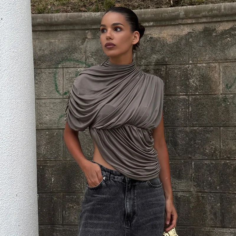 Ticketsx Irregular Ruched Top Women's Sexy Solid O Neck One-Sleeve Slim T-Shirt Female Fashion Casual Streetwear Tank Top Women
