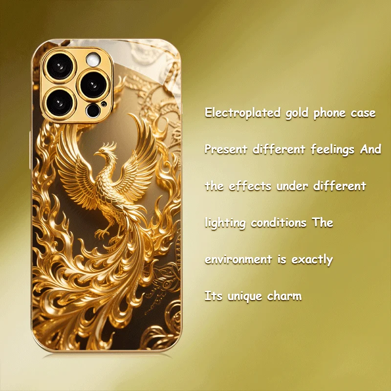 Dazzling golden phoenix embossed new electroplated glass phone case, suitable for iPhone 17/16/15/14/13/12/11, etc.