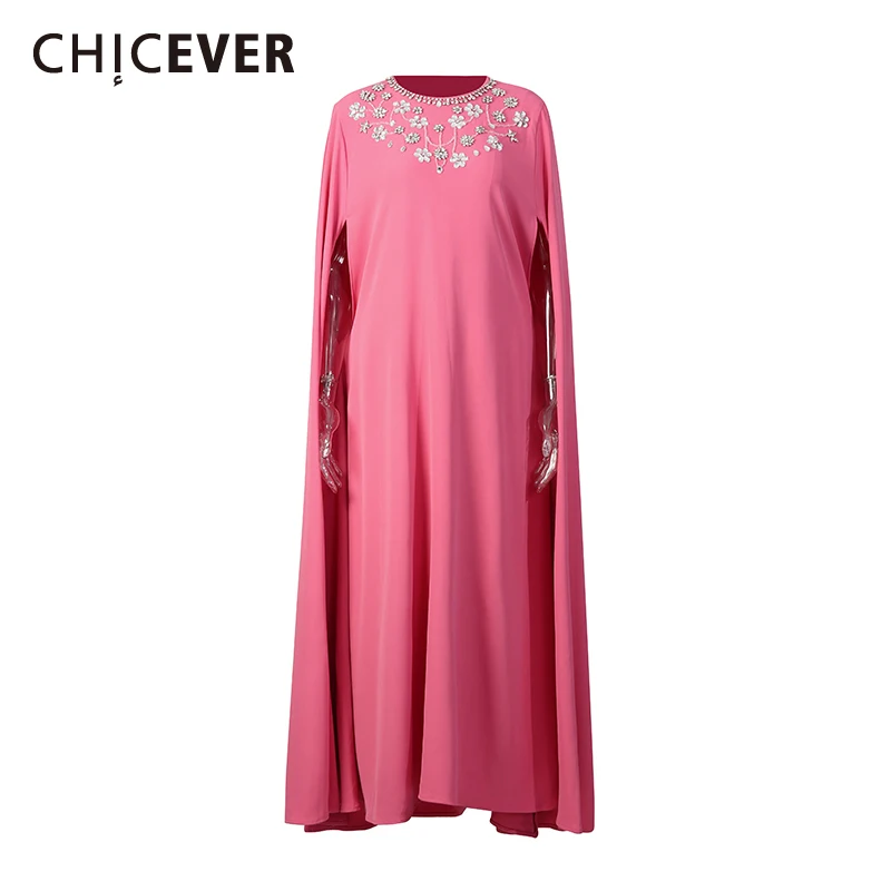 

CHICEVER Pink Spliced Beading Chic Dress Female O Neck Sleeveless Loose Patchwork Shawl Eegant Women's Dresses Fashion New Style