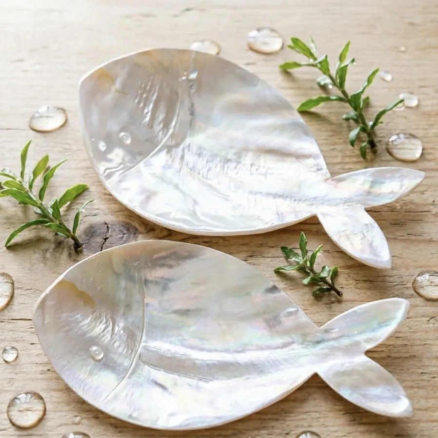 Fish Shaped Natural Shell Plate, Scallop & Conch Yellow Mother of Pearl Dish, Caviar Plate, Dessert Snack Plate, Seasoning Dippi