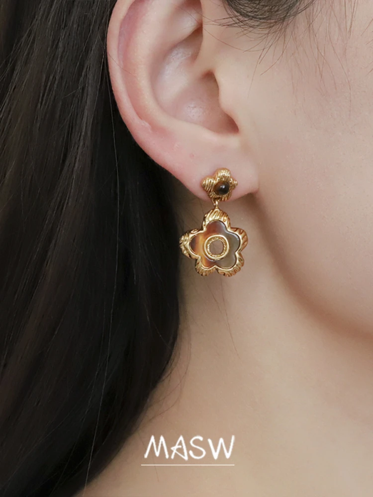 MASW Original Design Vintage Temperament Brown Flower Drop Earrings For Women Girl Gift Modern Jewelry Senior Sense