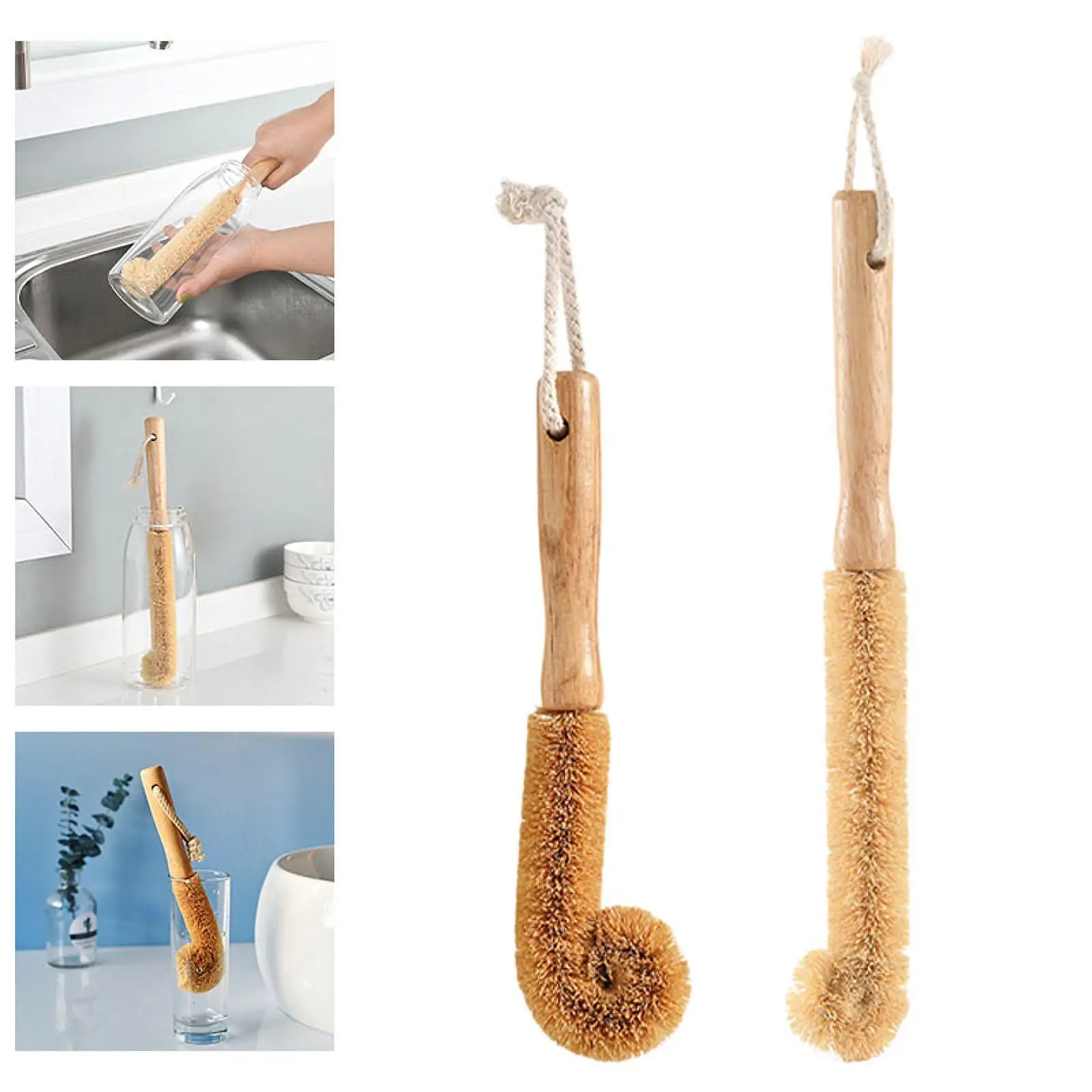 Coconut Fibers Brush Reusable Hangable with Long Handle for Glasses Coffee Mugs Containers Feeding Bottle Kitchen Utensils