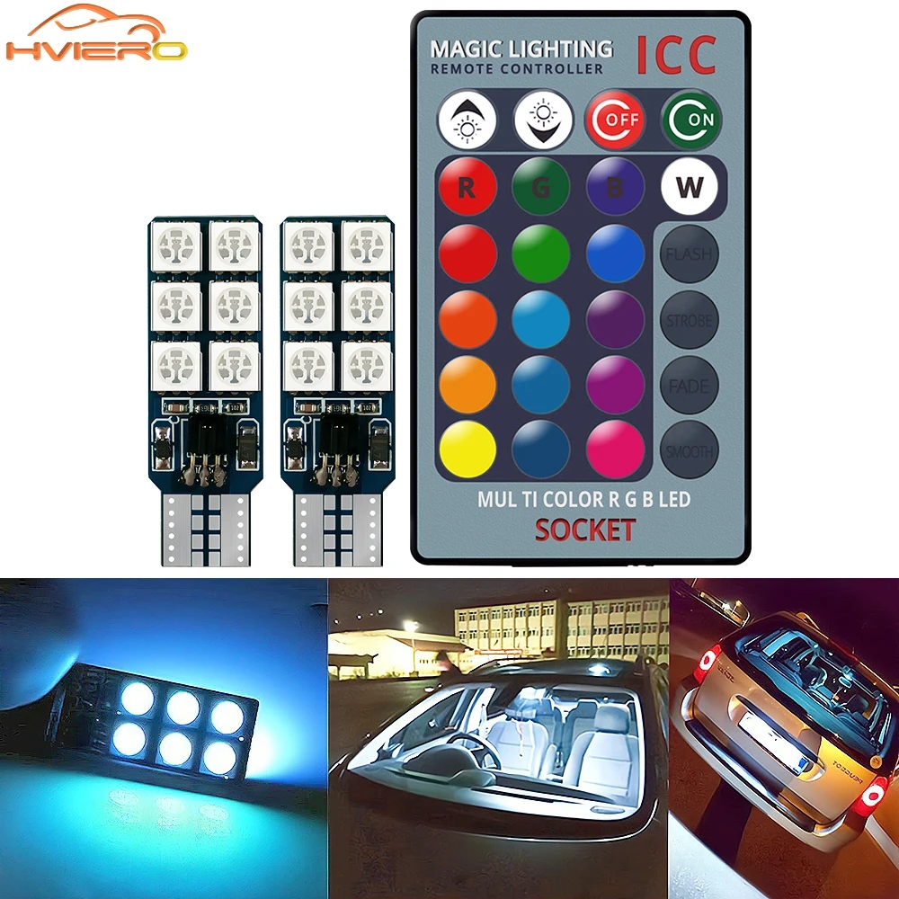 2X Automatyczna lampa dekoracyjna T10 W5W 5050 Światło atmosferyczne RGB 12SMD Pilot zdalnego sterowania Kolorowe diody LED do czytania Akcesoria samochodowe