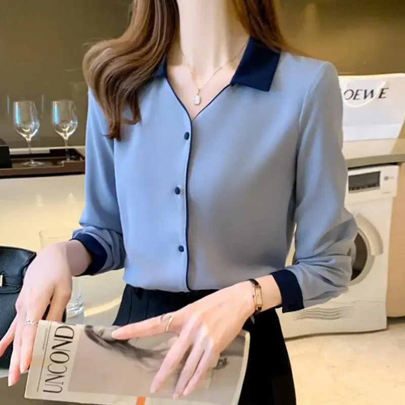 

Women's Shirt Solid Basic Chiffon Shirts 2023 Spring Autumn New Commuter Work Wear Long Sleeve Lapel Blouse Female Clothing N105