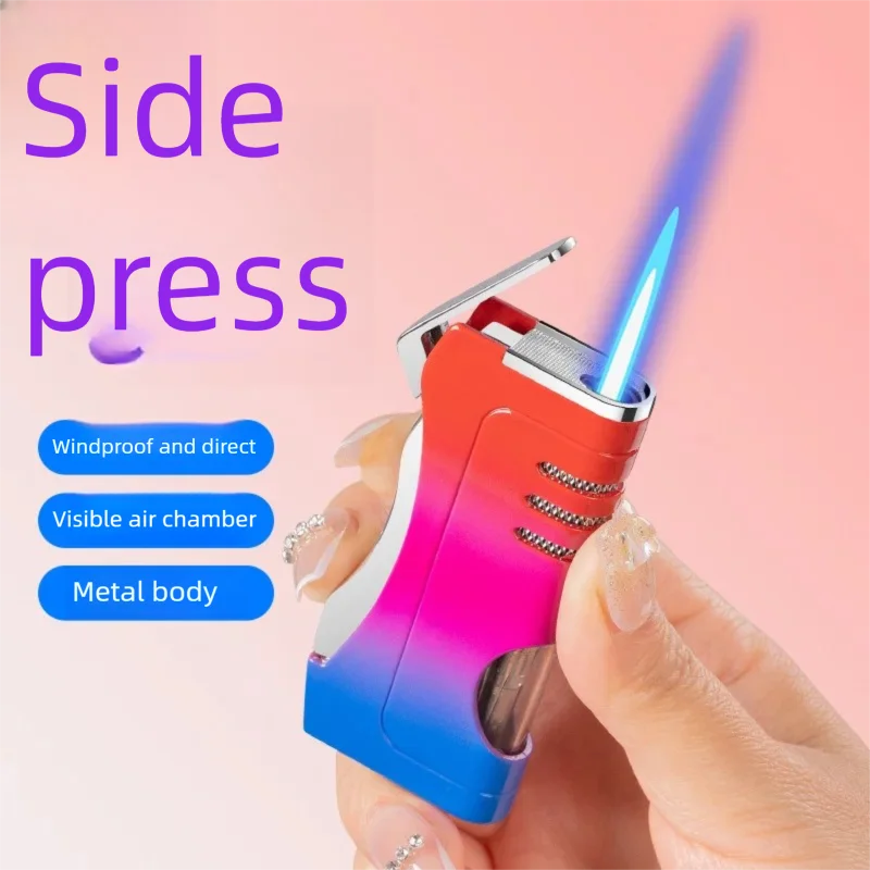 Wholesale of new inflatable side press ignition metal body visible air chamber windproof direct impact lighter