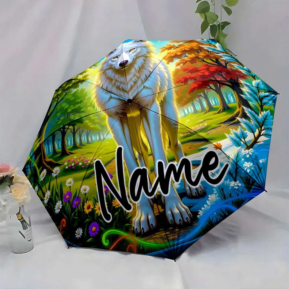 Custom Name White Wolf in Colorful Forest Umbrella Design Print 8 Iron Ribs Folding Umbrella Auto-Open Fashion Sunshade