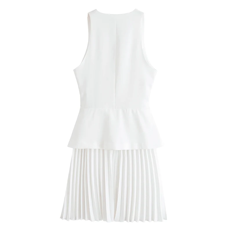 YENKYE 새로운 여성 Pleated Hem 패치 워크 민소매 탱크 드레스 프론트 버튼 V 넥 하이 스트리트 드레스 우아한 오피스 Vestidos