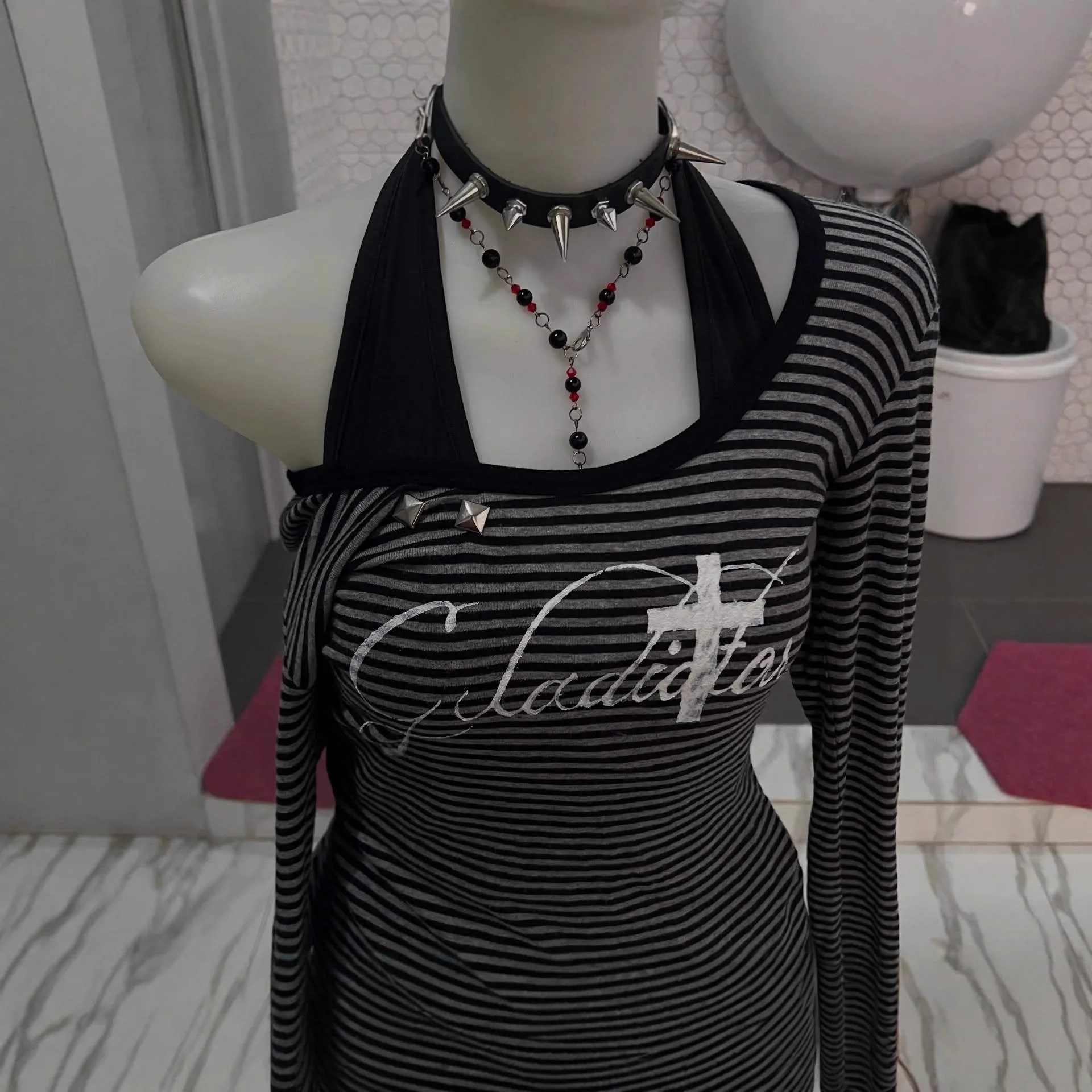 Y2K Hot Girl Slant Neck Off Shoulder Long Sleeve Cross Print Hanging Neck Strap Women's Summer Dark Top