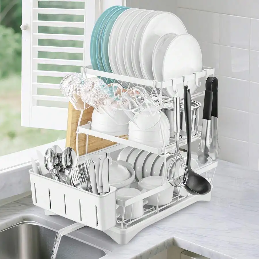 

Aoshet 3-Tier Dish Drying Rack(Escurridor De Platos) - Drainboard, Utensil Holder, Kitchen Organizer