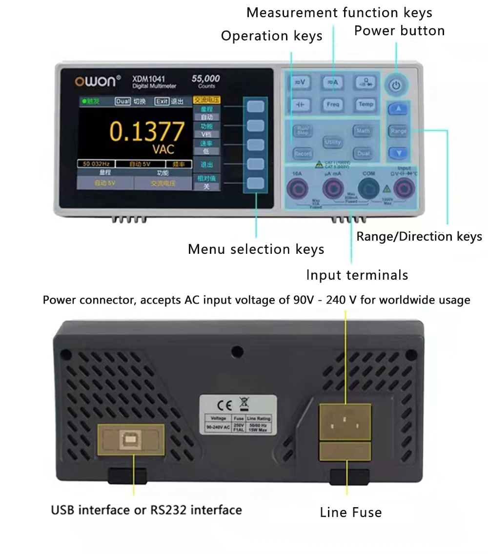 Owon XDM1041/XDM1241 Digital Bench Multimeter 55000 Counts DC/AC Voltmeter Ammeter HZ Temp Diode Tester USB Desktop Multimeters