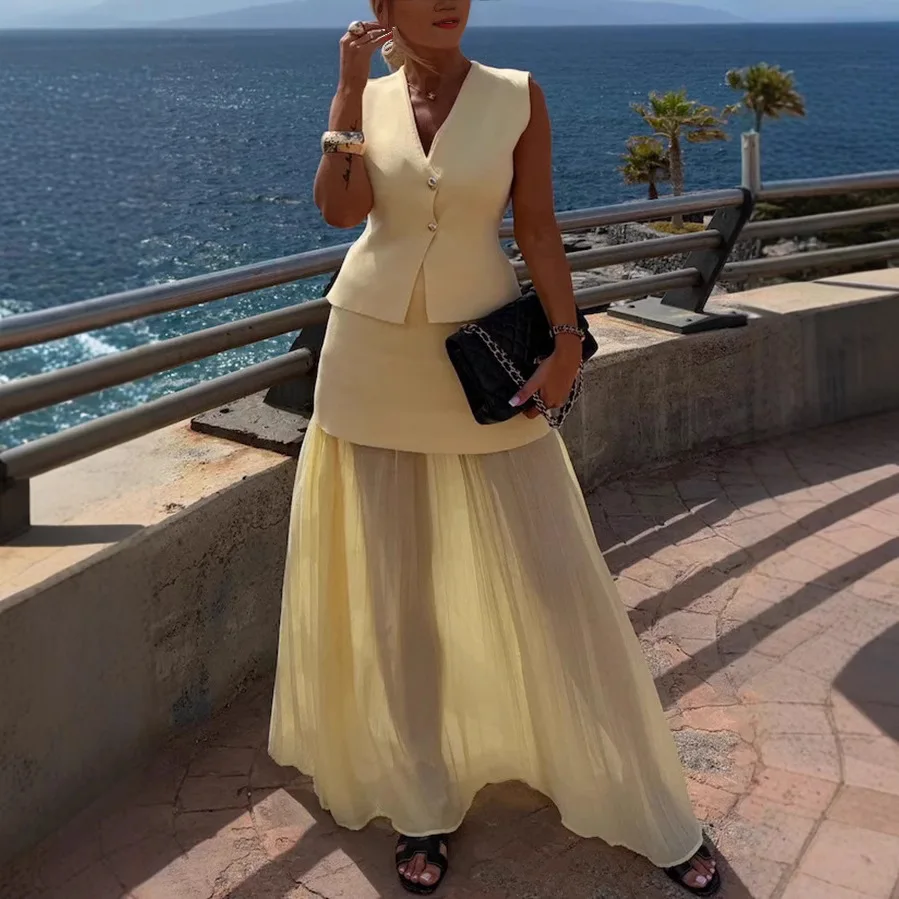 

2026 Elegant Vest Top Lace Long Skirts Two Piece Sets Women Short Tops See Through Skirt Summer Chic Party Woman Outfits Clothes