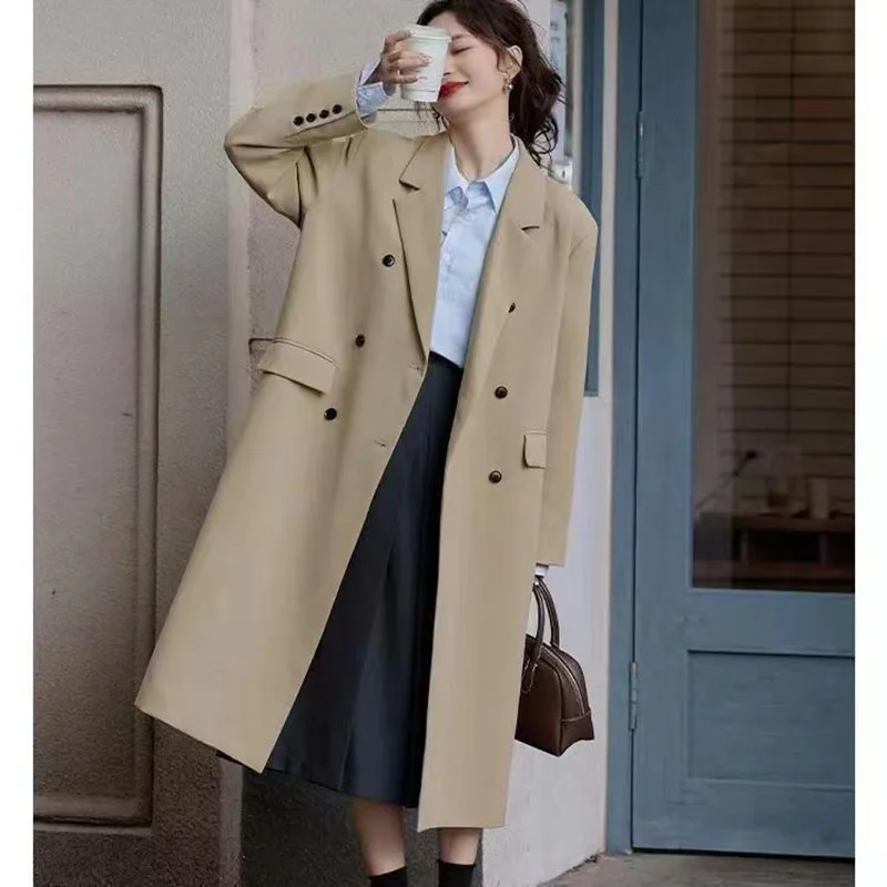 Zoki Women Elegant Long Blazer Jacket Autumn Fashion Korean Solid Casual Double Breasted Coats Office Lady All Match Outwear