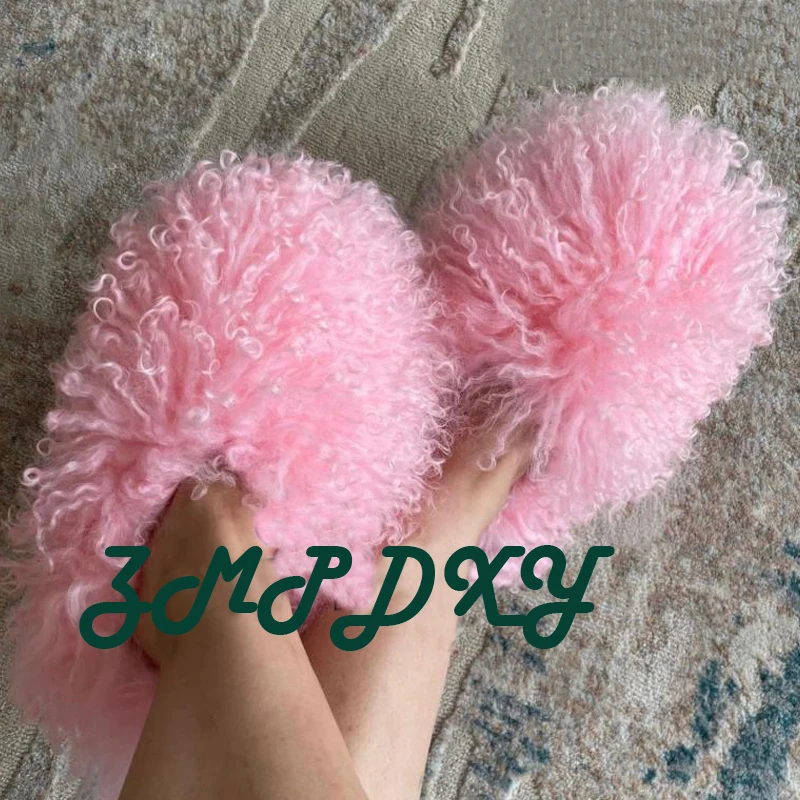 New Fluffy Long Hair Slippers Pink Sheep Fur Slippers Winter Women Plush Flat Shoes Outdoor Indoor Slippers Mongolian Fur Slides