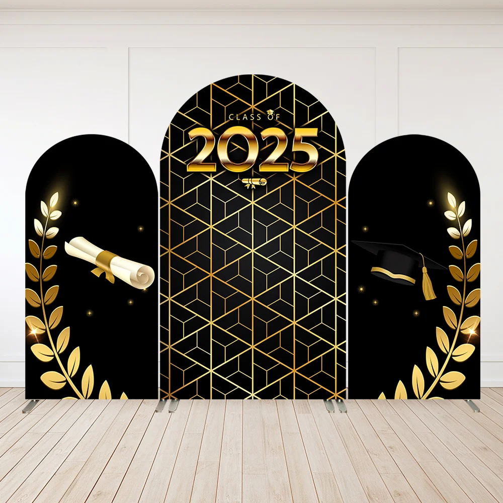 

Class of 2025 Grad Party Arch Backdrop Cover Black and Gold theme Graduation Party Arched Wall Panels Banner 2-Sided