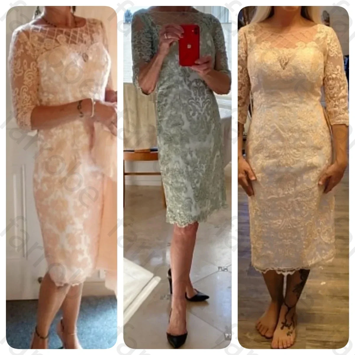 Customized Mother of the Bride Dress Formal Wedding Jewel Neck Knee Length Chiffon Lace 3/4 Length Sleeve with Beading Appliques