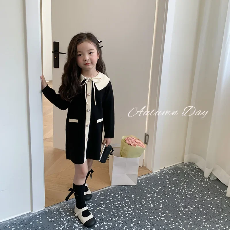 Children Dress Color Patchwork Knitted 2023 Autumn Baby Girls Casual Simple Princess Sweet Elegant Knitted Sweater Dress