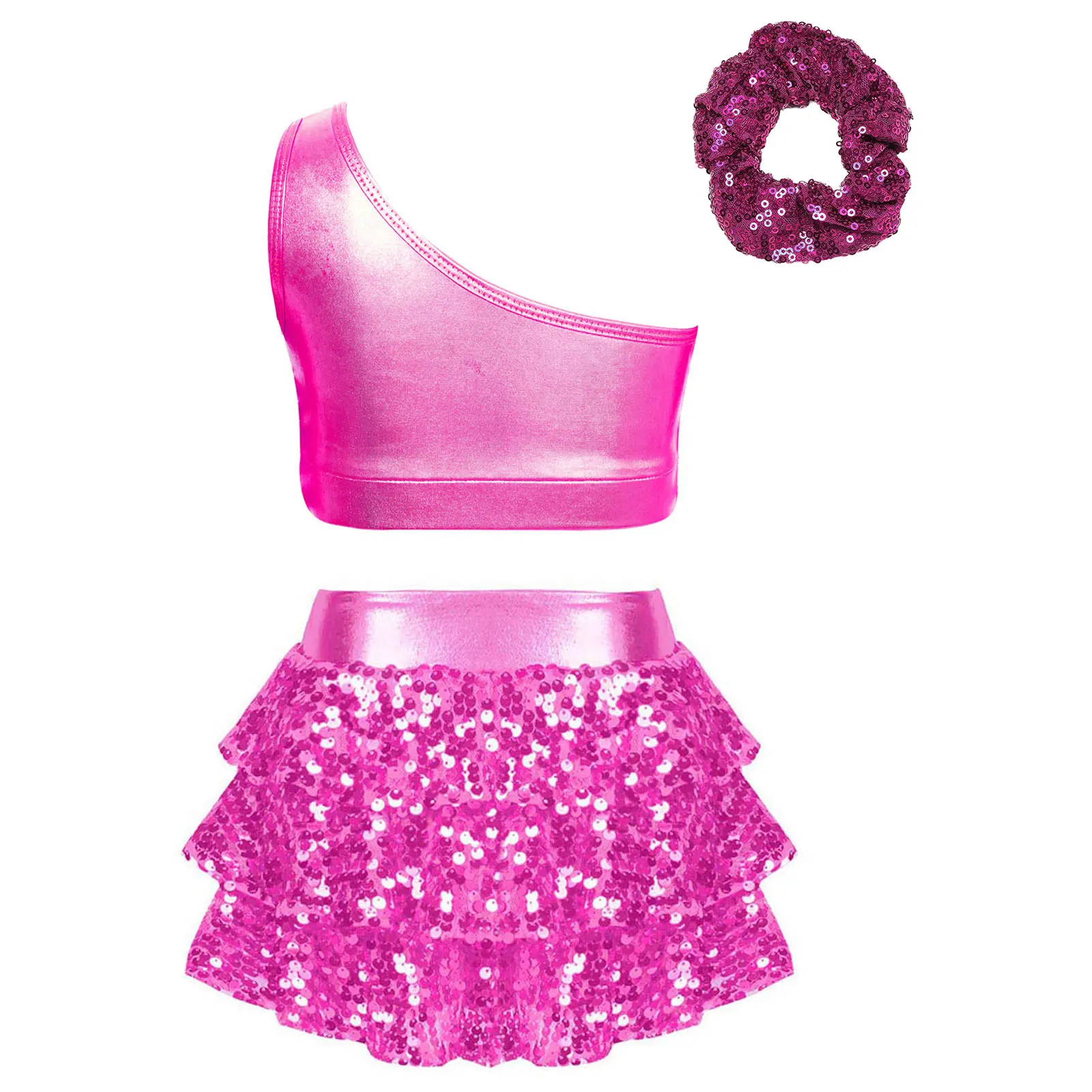 Children Girls Shiny Sequin Jazz Latin Ballroom Dance Outfit One Shoulder Crop Top and Culottes Hair Tie Cheer Leader Dance Suit