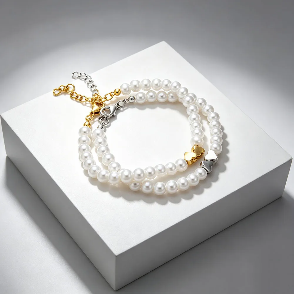 Minimalist Beaded Bracelet for Women Adjustable Heart Accent White Imitation Pearl Hand Jewelry Cheap Item for Dates Parties