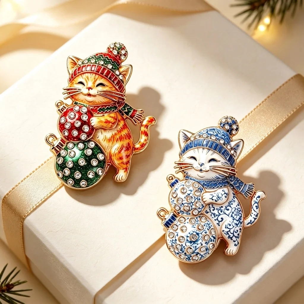 Christmas Cat Brooch Enamel Rhinestone Cute Kitten Knit Hat Scarf with Xmas Balls Lapel Pins Holiday Costume Jewelry Accessories