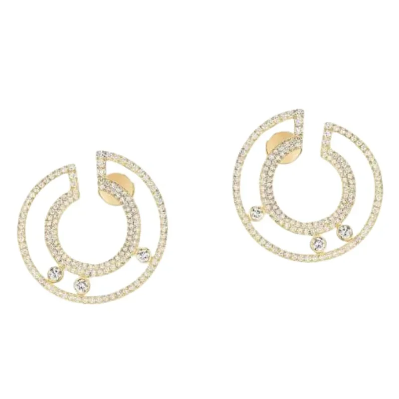 

Gold Plated Double Layer C-Shaped Paved CZ Hoop Earrings, Three Floating Stones Design