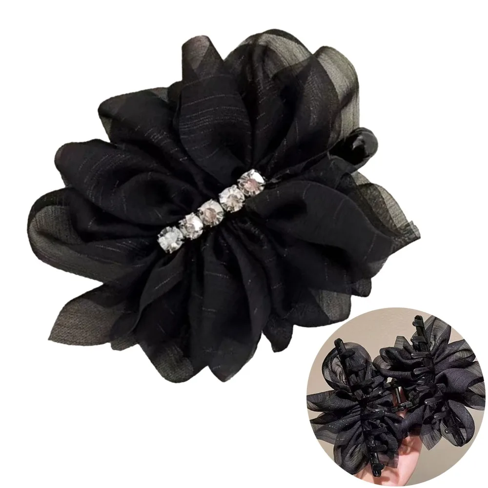 

Quality Material Hair Claw Black Mesh Design Grab Clip Rhinestone Decoration Pleated Bow Ponytail Hair Clip Hair Styling