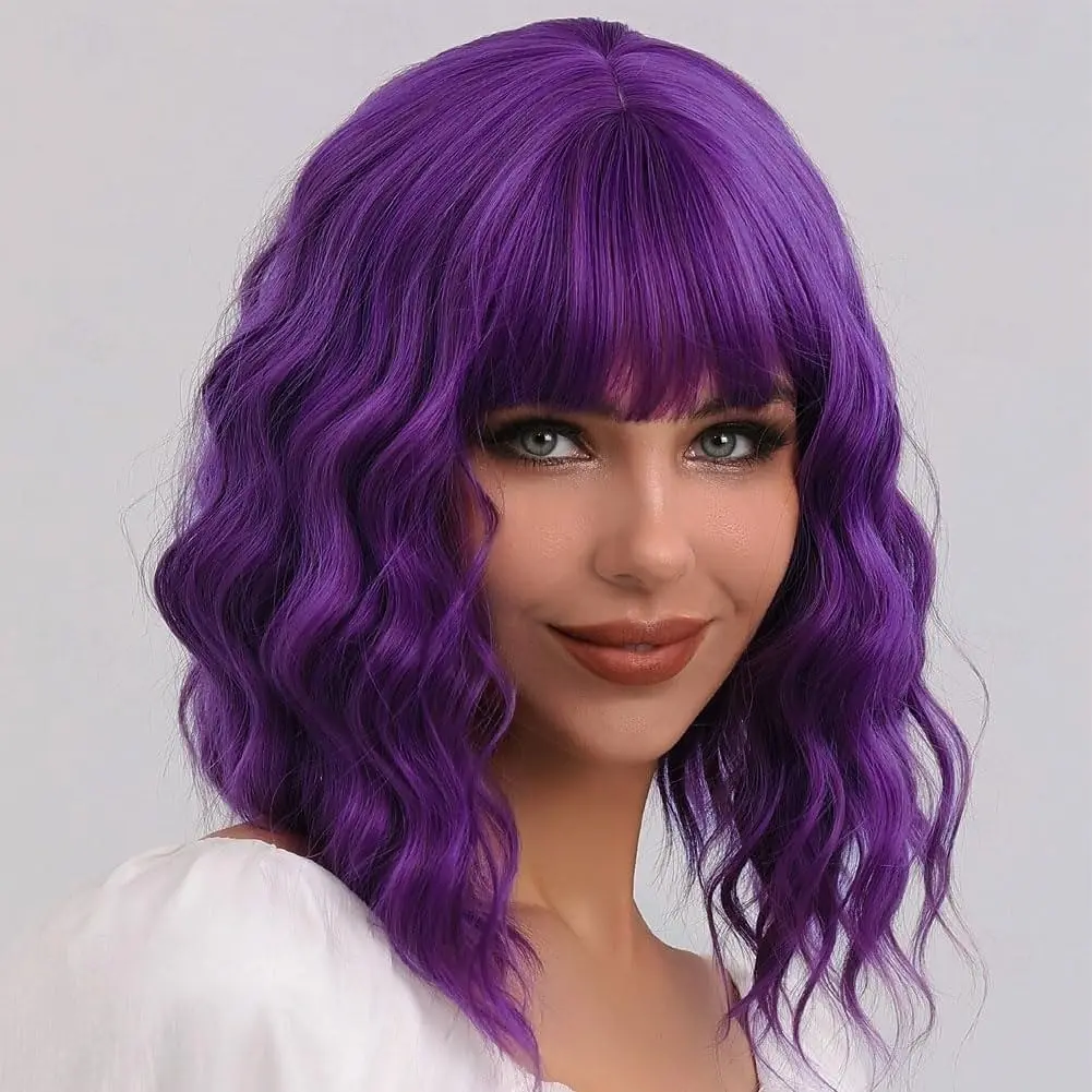 HAIRJOY Synthetic Hair Wig with Bangs for Women Purple Short Curly Bob Wigs Heat Resistant Synthetic Wigs for Cosplay Party