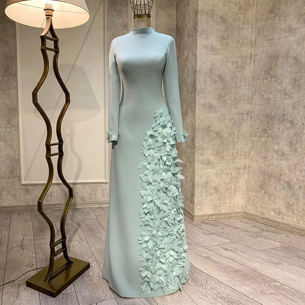 Abito da sera a collo alto verde menta Personalizzazione abito da sposa arabo Personalizzazione elegante abito da ballo con perline a maniche lunghe