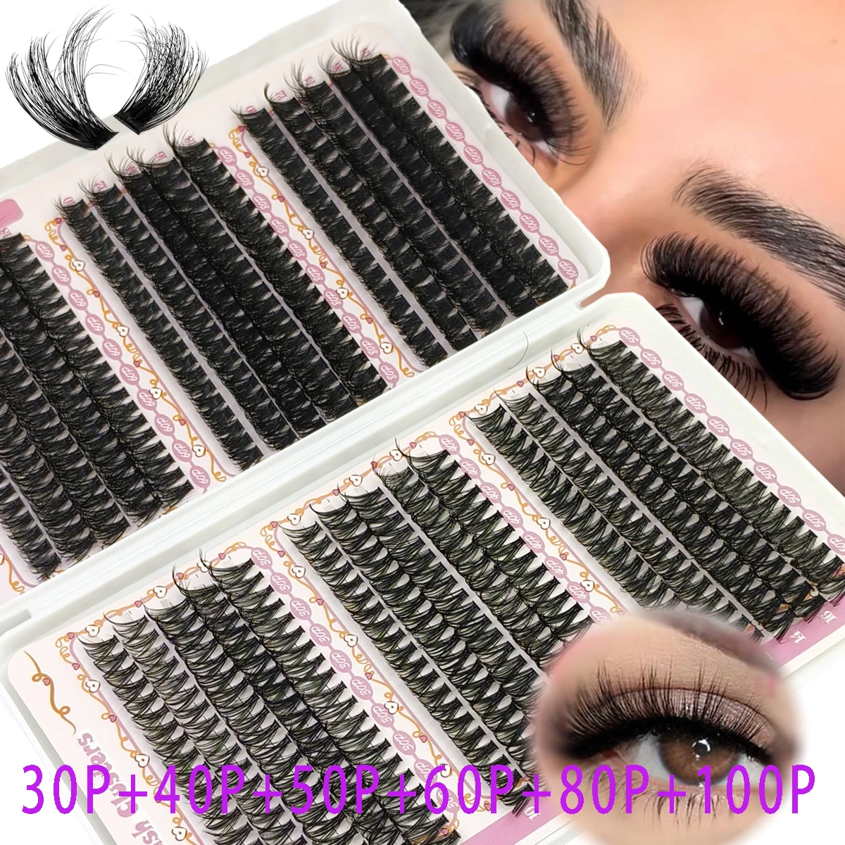 HBZGTLAD 580 Stück Wimpernbüschel, DIY-Wimpernverlängerung, 30–100 Stück, flauschige Volumen-Wimpernbüschel, natürliches, dickes, individuelles Wimpern-Make-up