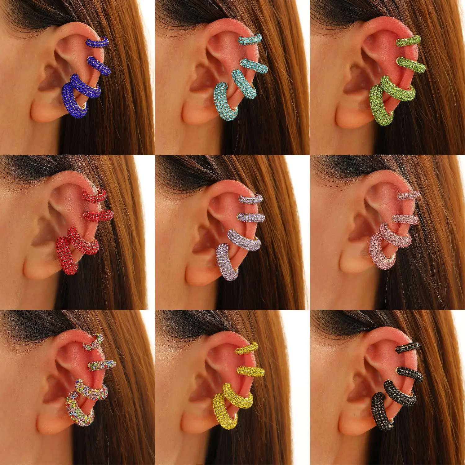4 Sizes Vibrant Multi Color Full Crystal Ear Cuff Set Rhinestone Decor Non Piercing Clip Earrings  Women