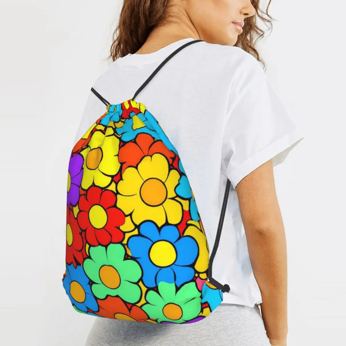 Retro 1960's Hippie Colorful Vibrant Floral Art Designs Backpacks Drawstring Bundle Pocket Sundries Bag Book Bags for Man Woman