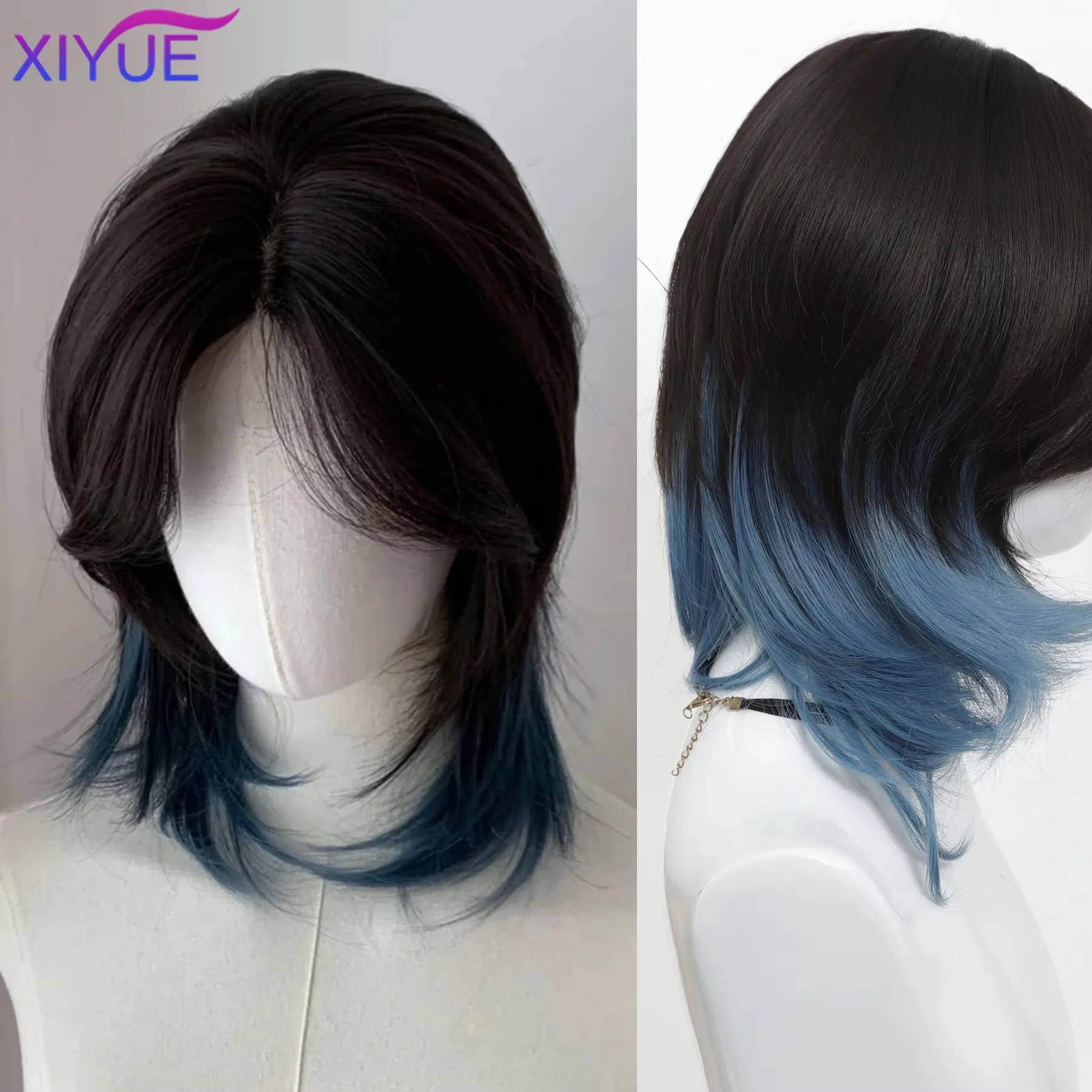 

synthetic Black And blue Mullet Head Wig Synthetic Straight Fluffy Natural Wolf Tail Hair for Daily Use Party Cosplay